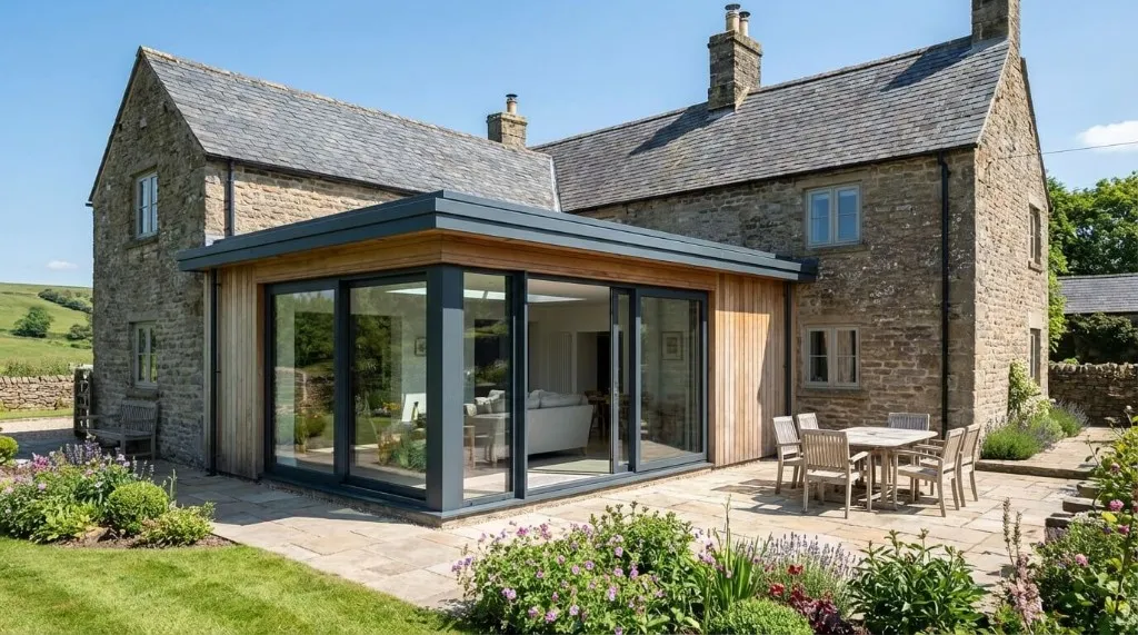 L-shaped stone farmhouse with flat-roof extension and glass.