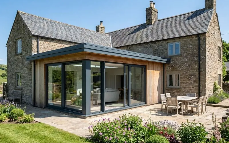 Stone farmhouse with contemporary flat-roof extension, timber and glass.