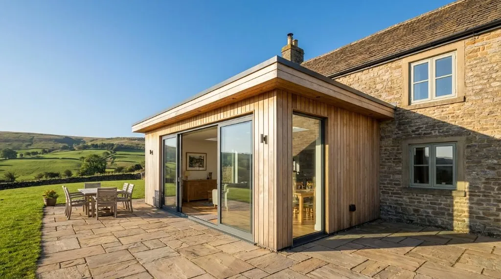Stone farmhouse with contemporary timber and glass extension