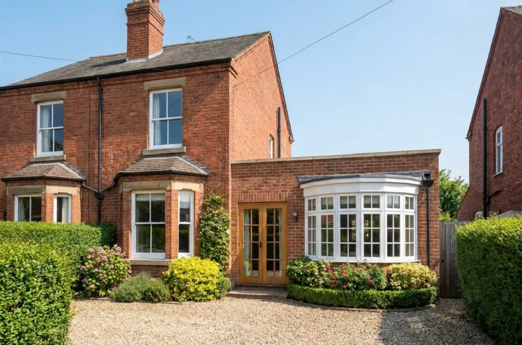 Red-brick house with the garage converted into a bay-window room.