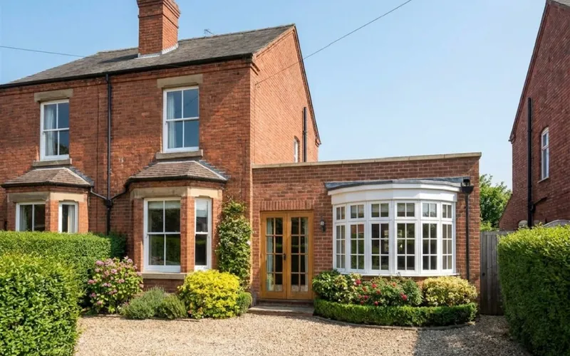 Red-brick house with the garage converted into a bay-window room.