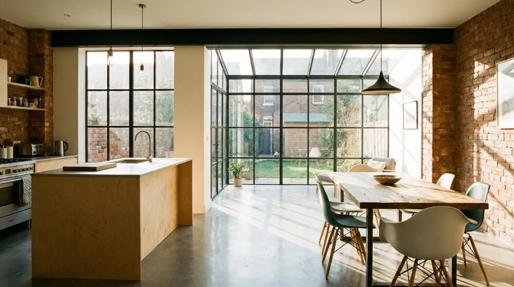 Industrial-chic open kitchen with Crittall windows.