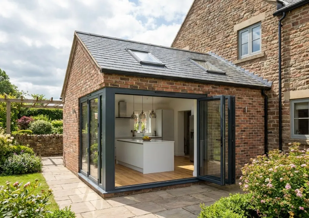 Brick kitchen extension with bifold doors opening onto a patio.