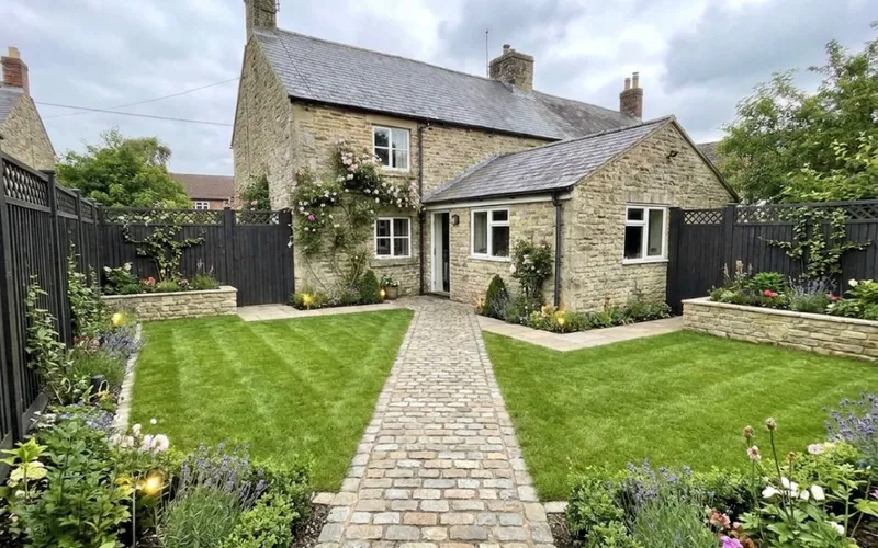 Landscaped cottage garden with a cobbled path, lawn, and planting.