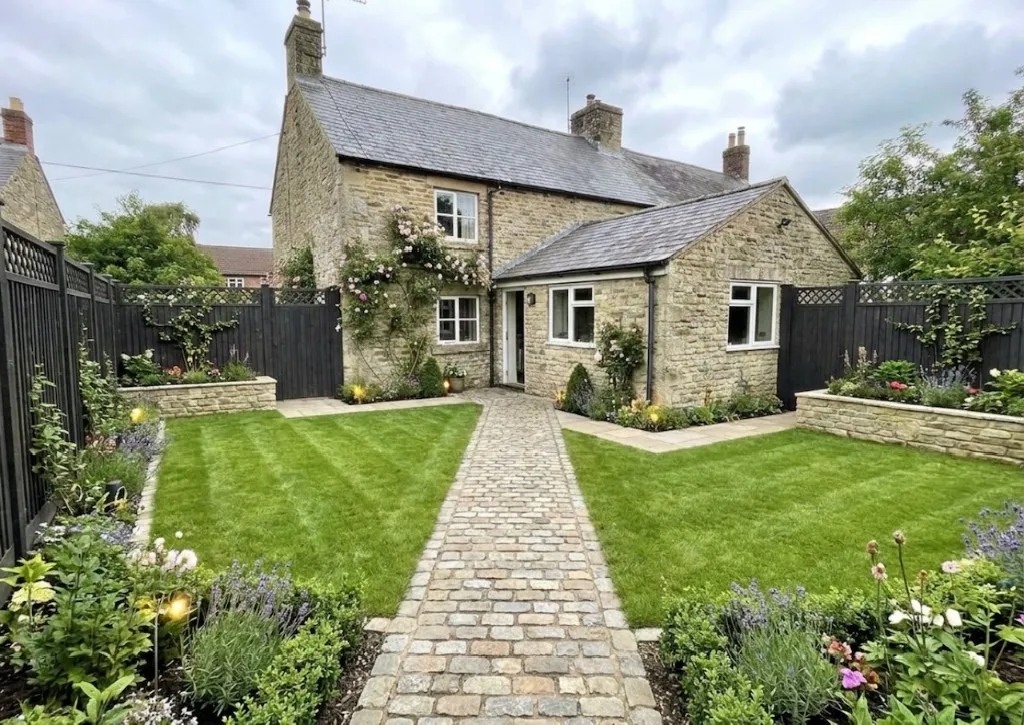 Landscaped cottage garden with a cobbled path, lawn, and planting.