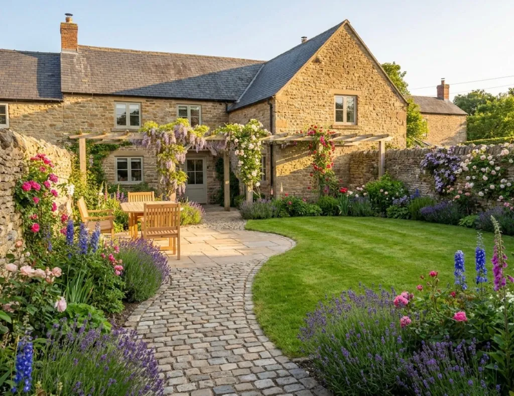 Landscaped stone cottage garden with roses, lawn, and a cobbled path