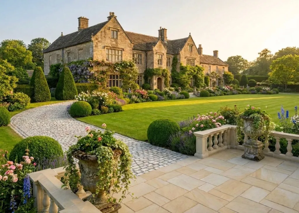 Landscaped garden with planted borders and a cobbled drive