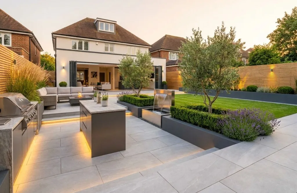 Patio and outdoor kitchen as part of a landscaping scheme