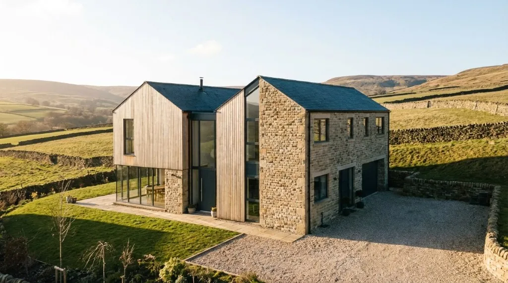 Barn-conversion style stone and timber new build.