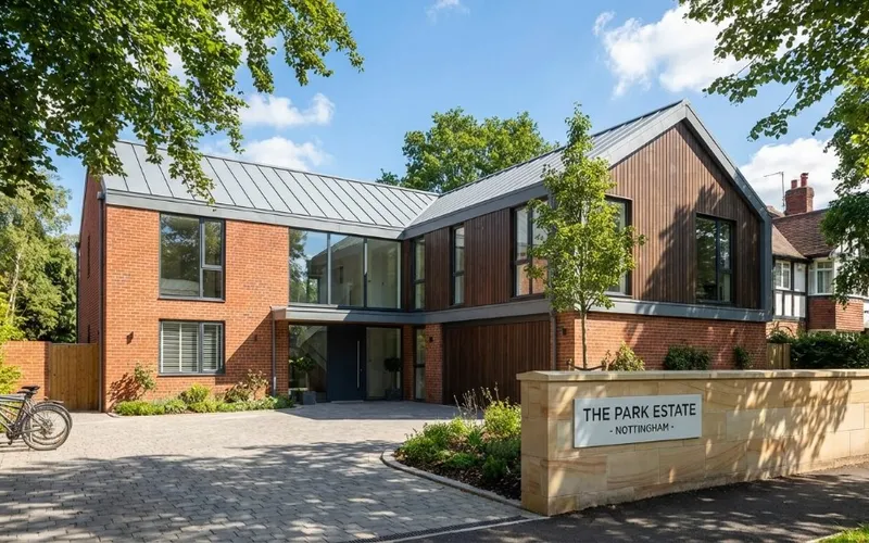 Contemporary L-shaped building with brick and dark timber.