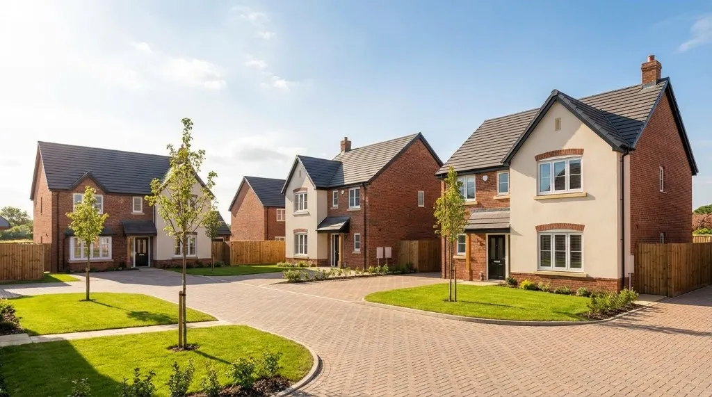 Contemporary brick and rendered new build homes on a private estate road