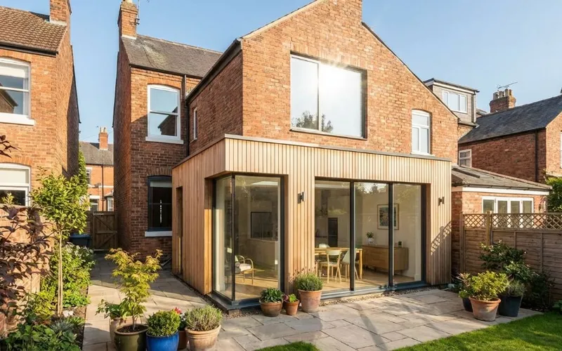 Red-brick house with vertical timber extension and glass doors.